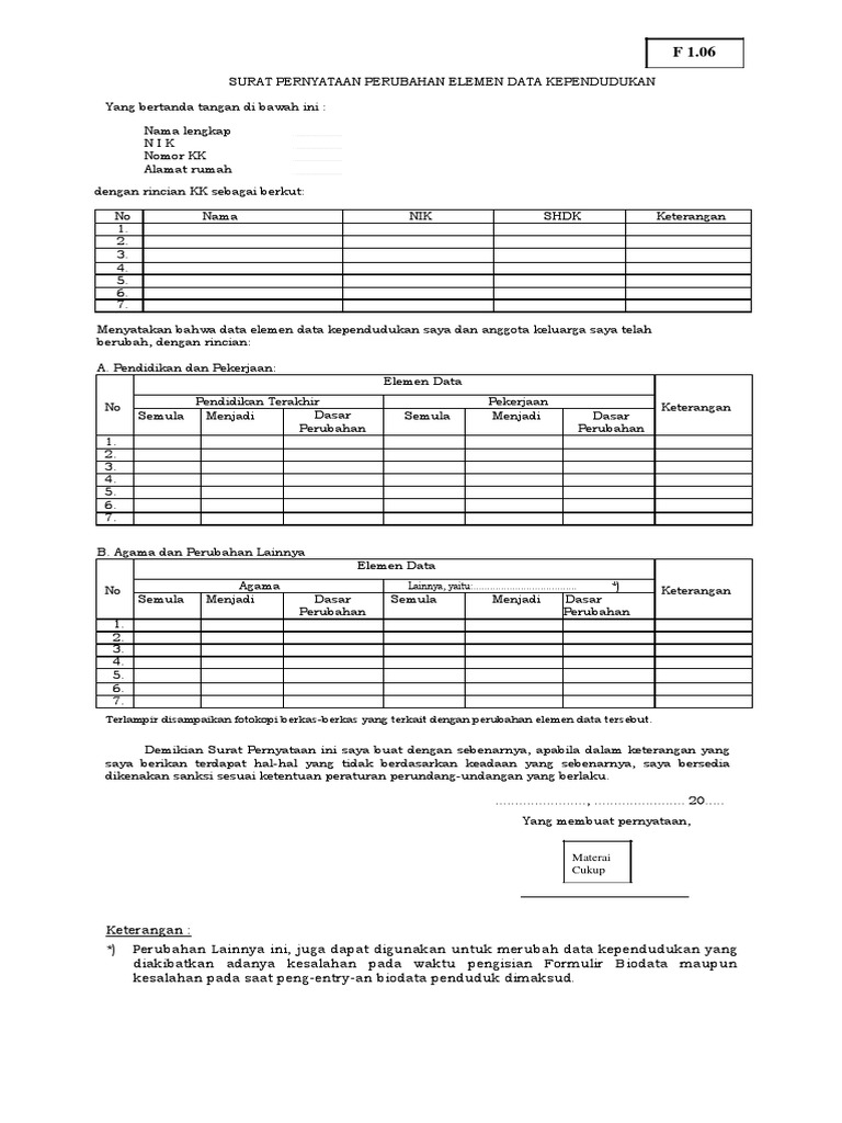 F 1 06 Surat Pernyataan Perubahan Elemen Data Kependudukan | PDF