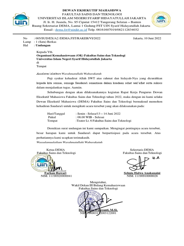 005, Surat Undangan OK FST Raker 2022. | PDF