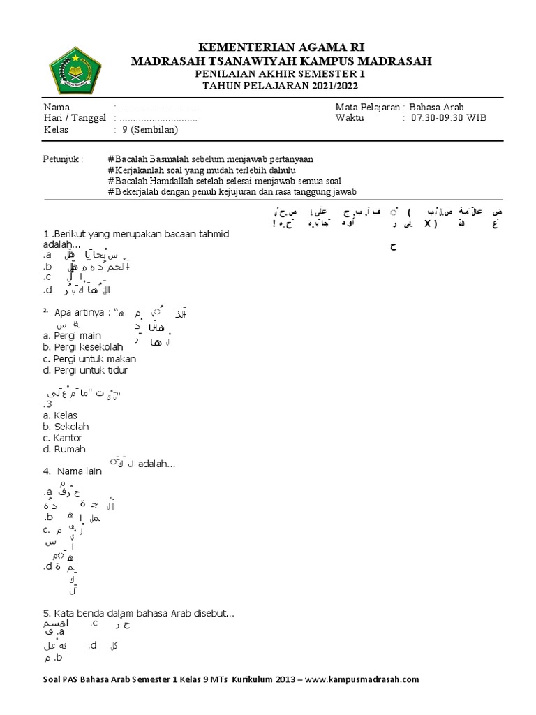 Soal Bahasa Arab Kelas 9 Semester 1 | PDF | Seni & Disiplin Bahasa
