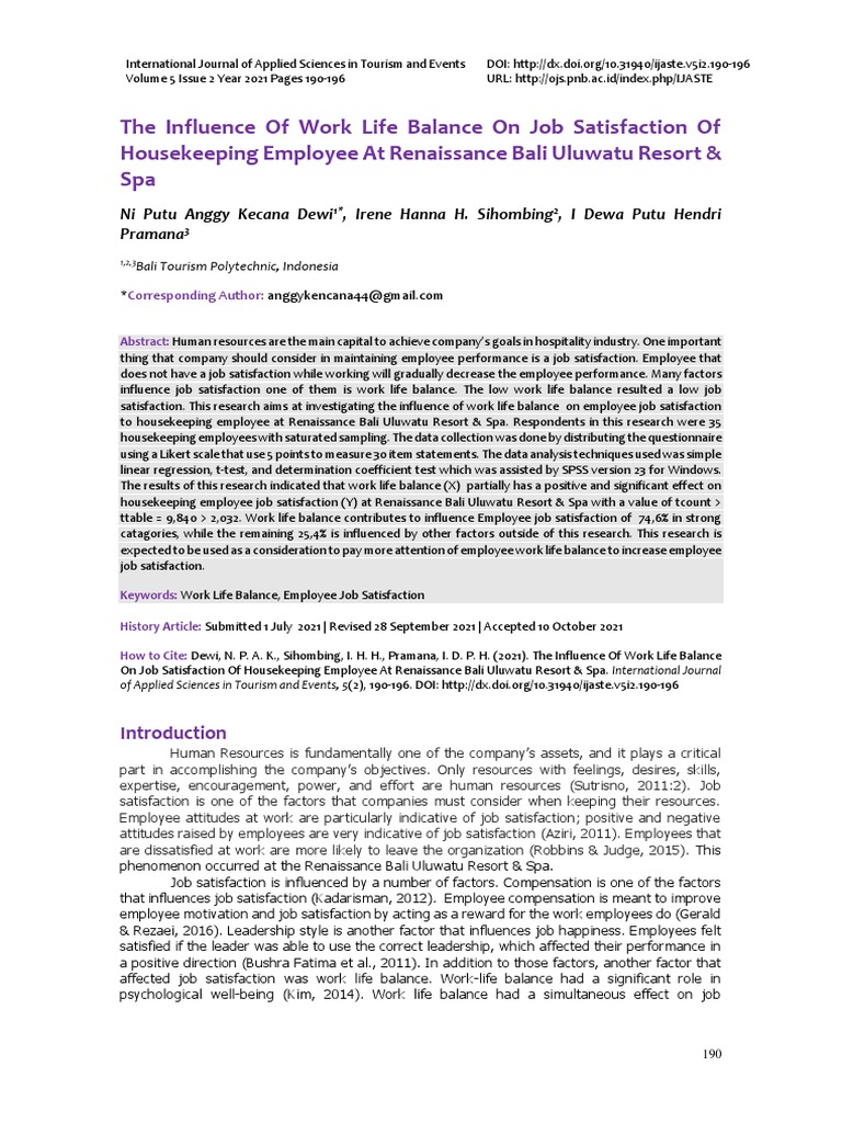 The Influence of Work Life Balance On Job Satisfaction of Housekeeping ...