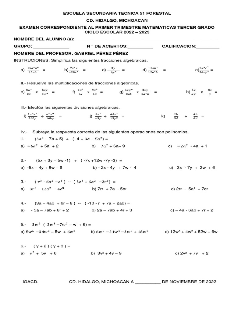Examen de tercer grado primer trimestre 2022 pdf