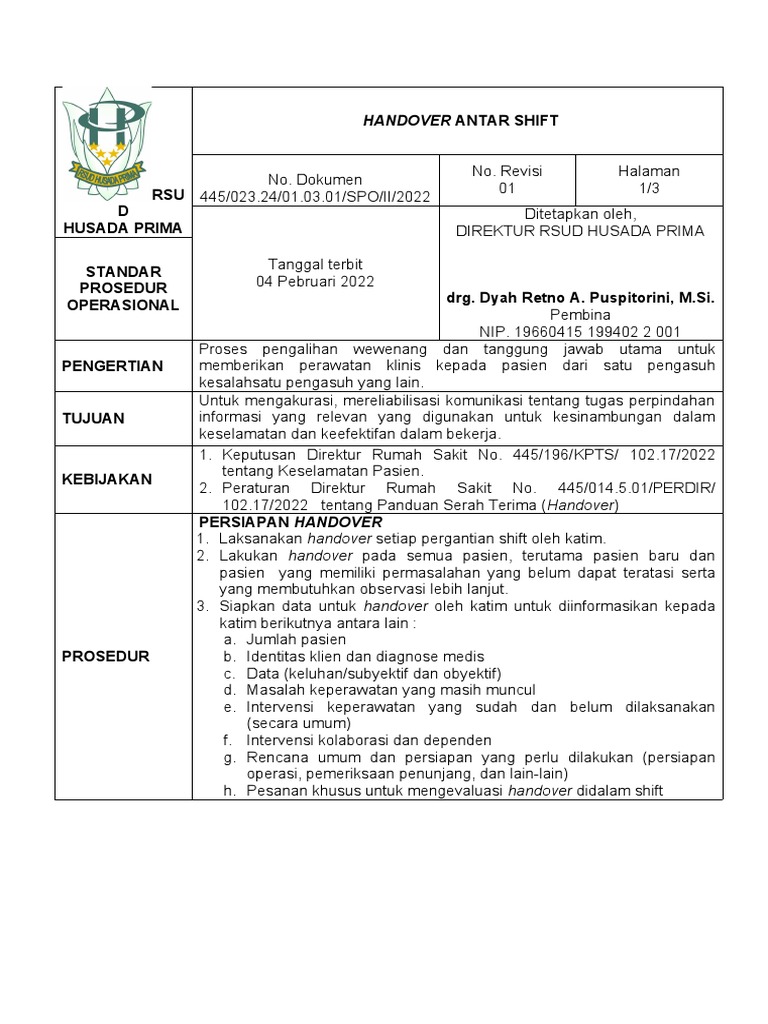 Prosedur Handover Antar Shift RSUD | PDF