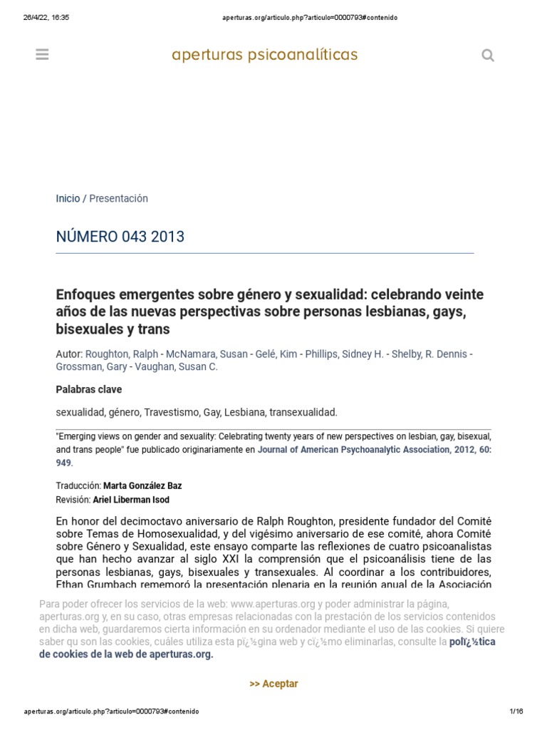 Enfoques Emergentes Sobre Género y Sexualidad PDF Homosexualidad Psicoanálisis