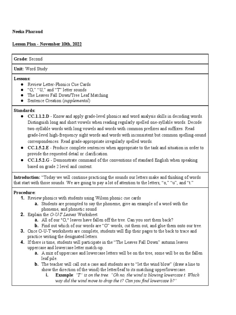 Word Study Lesson Plan - November 10th 2022 1 | PDF