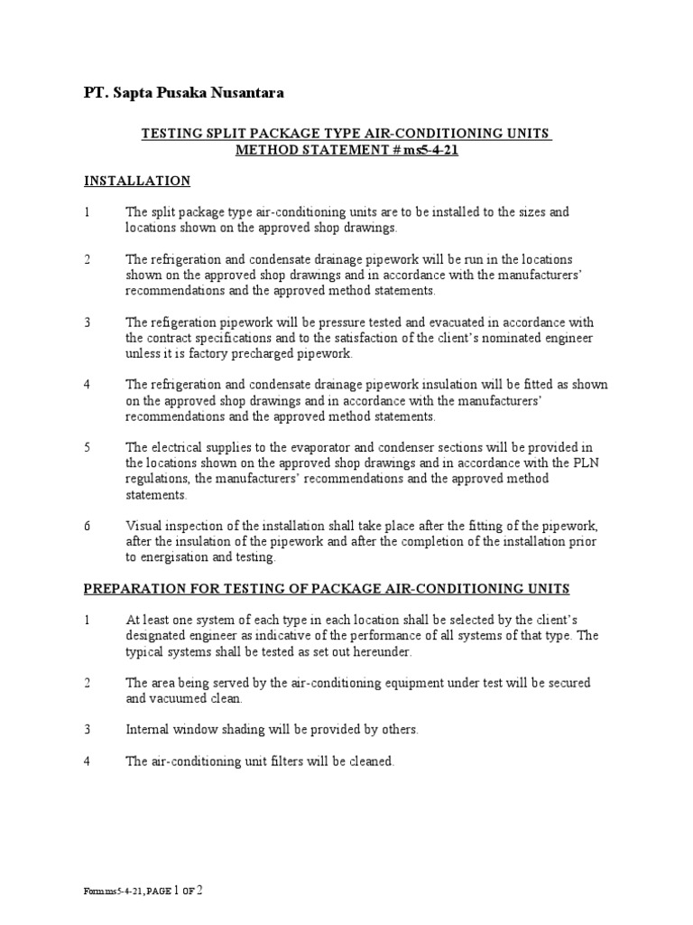 Air Conditioning Unit Installation & Testing | PDF | Mechanical Fan ...