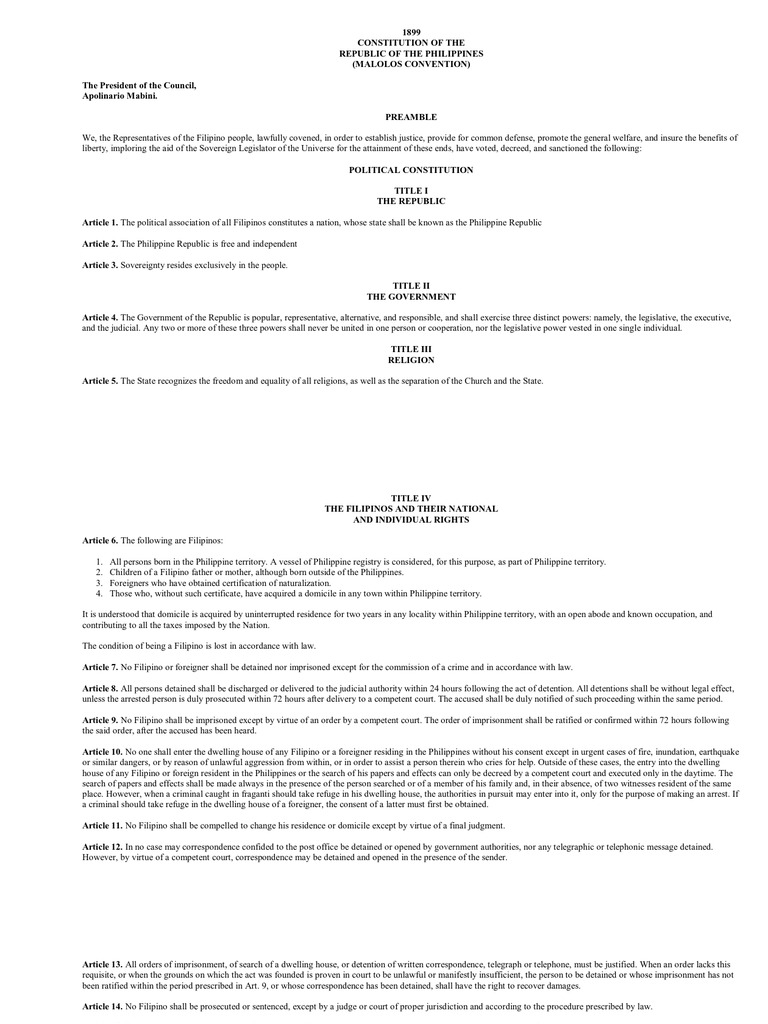 1899 Malolos Constitution | PDF | Politics | Law