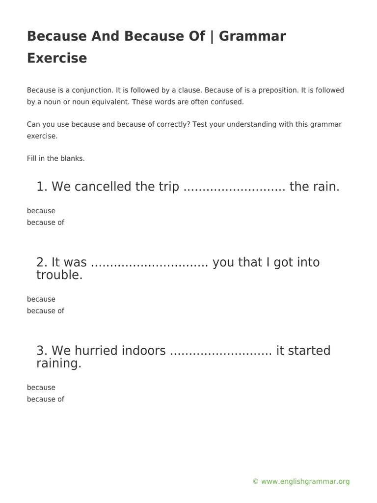 Because and Because of - Grammar Exercise | Download Free PDF ...