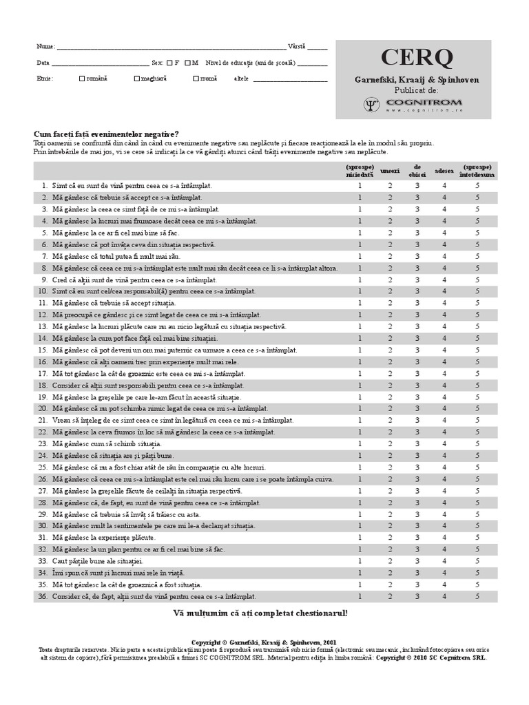 CERQ Chestionarul de Coping Cognitiv Emotional | PDF