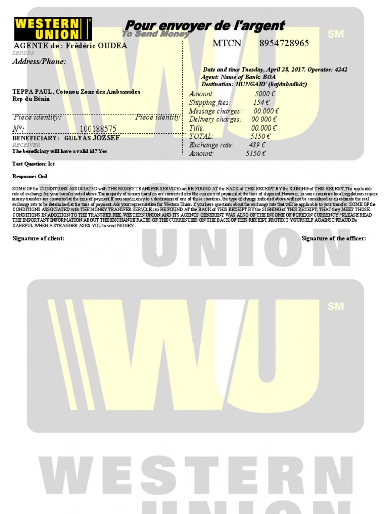 Western Union Transfer Receipt 2017 | PDF | Finance & Money Management