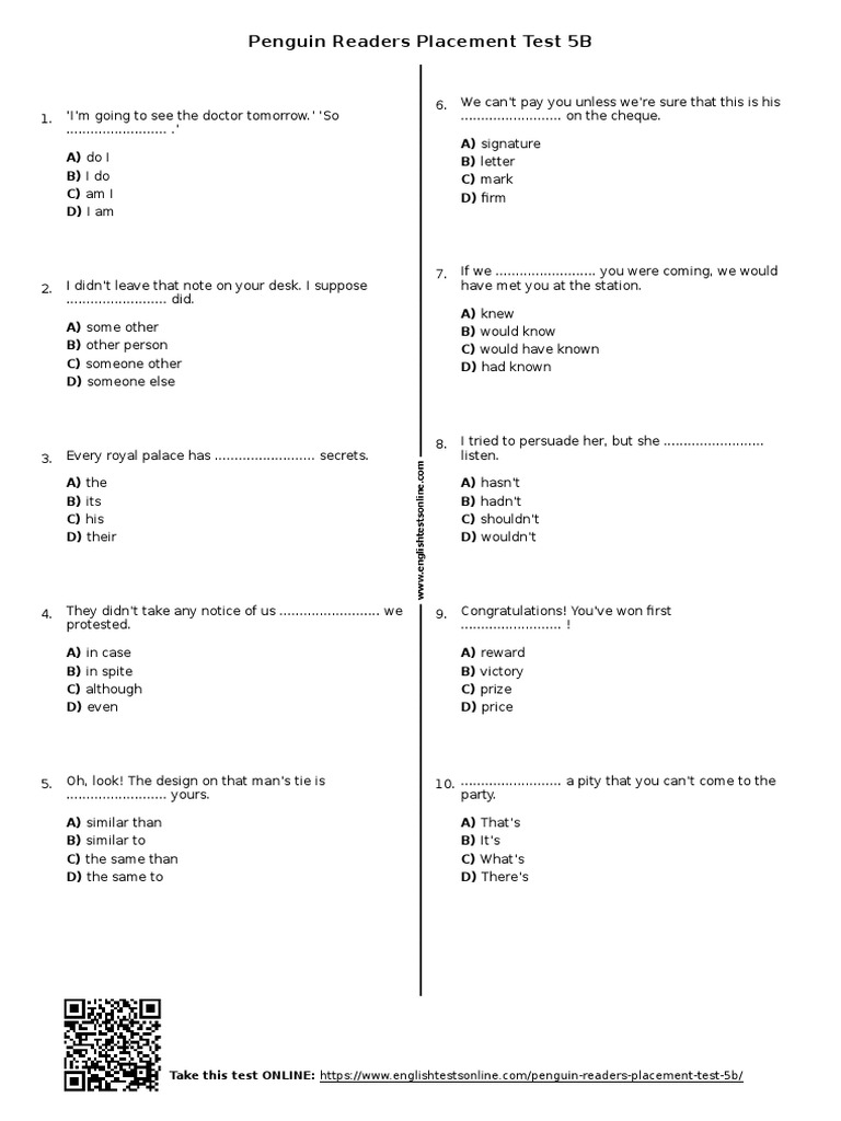 Penguin Readers Placement Test 5B | PDF