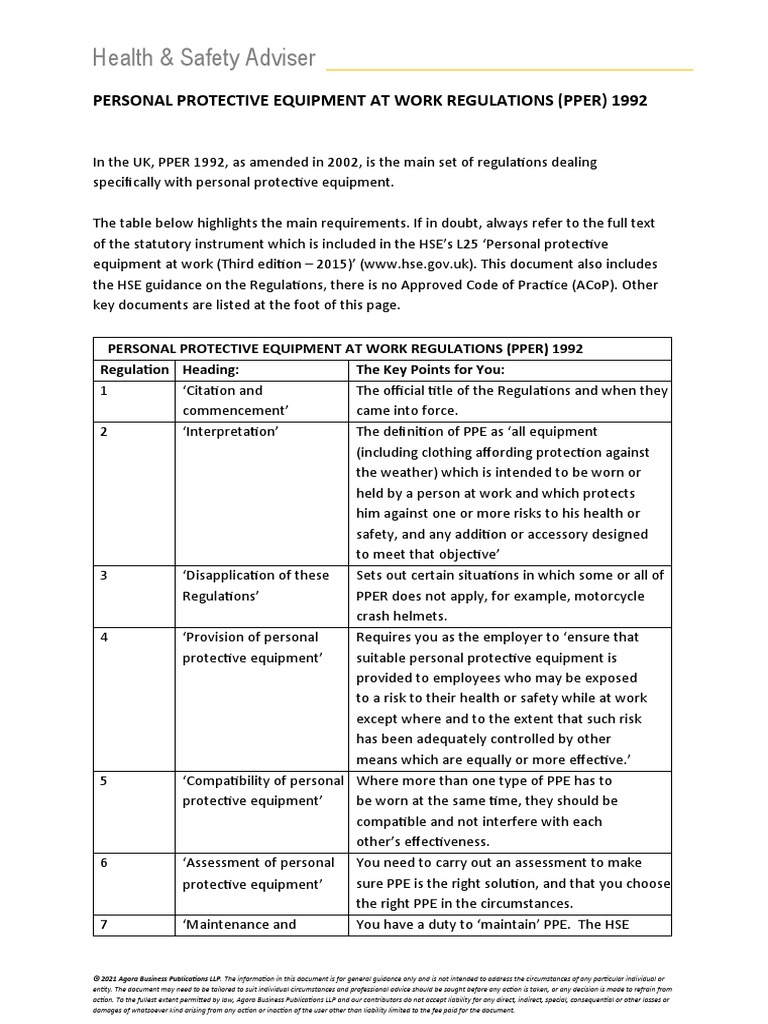 Personal Protective Equipment at Work Regulations 1992 Download Free