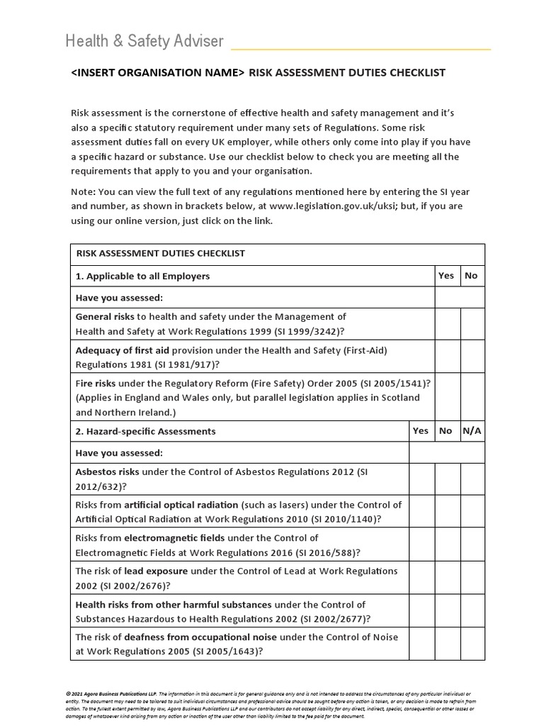 Risk Assessment Duties Checklist PDF