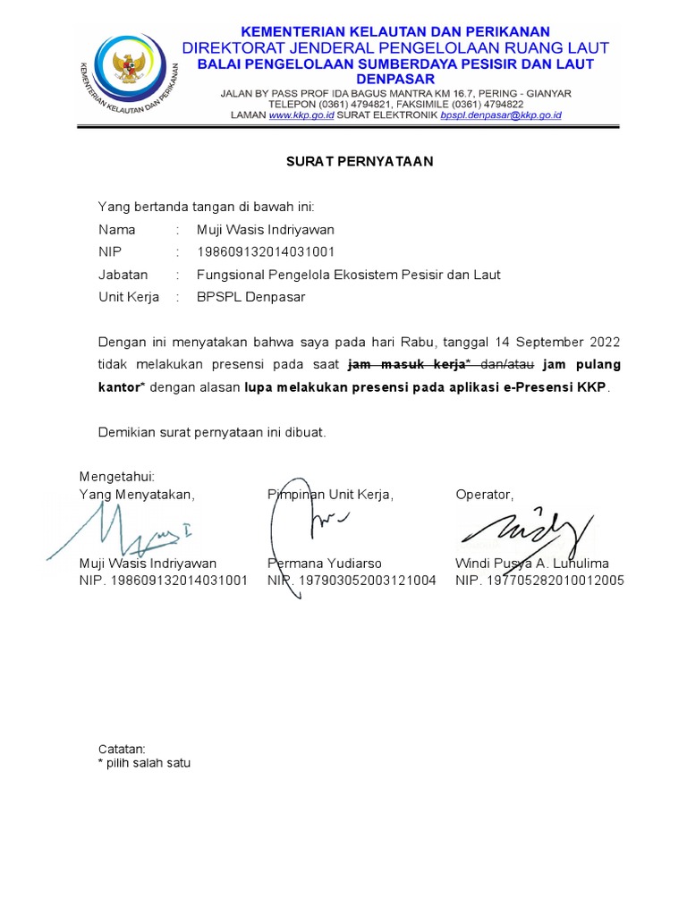 Form Surat Pernyataan Lupa Absen Per September 2022 | PDF