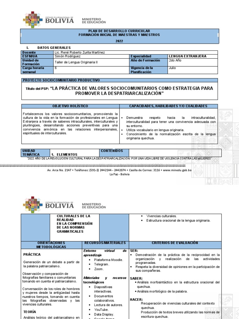 Plan de Desarrollo Curricular 1 | PDF | Planificación | Bolivia
