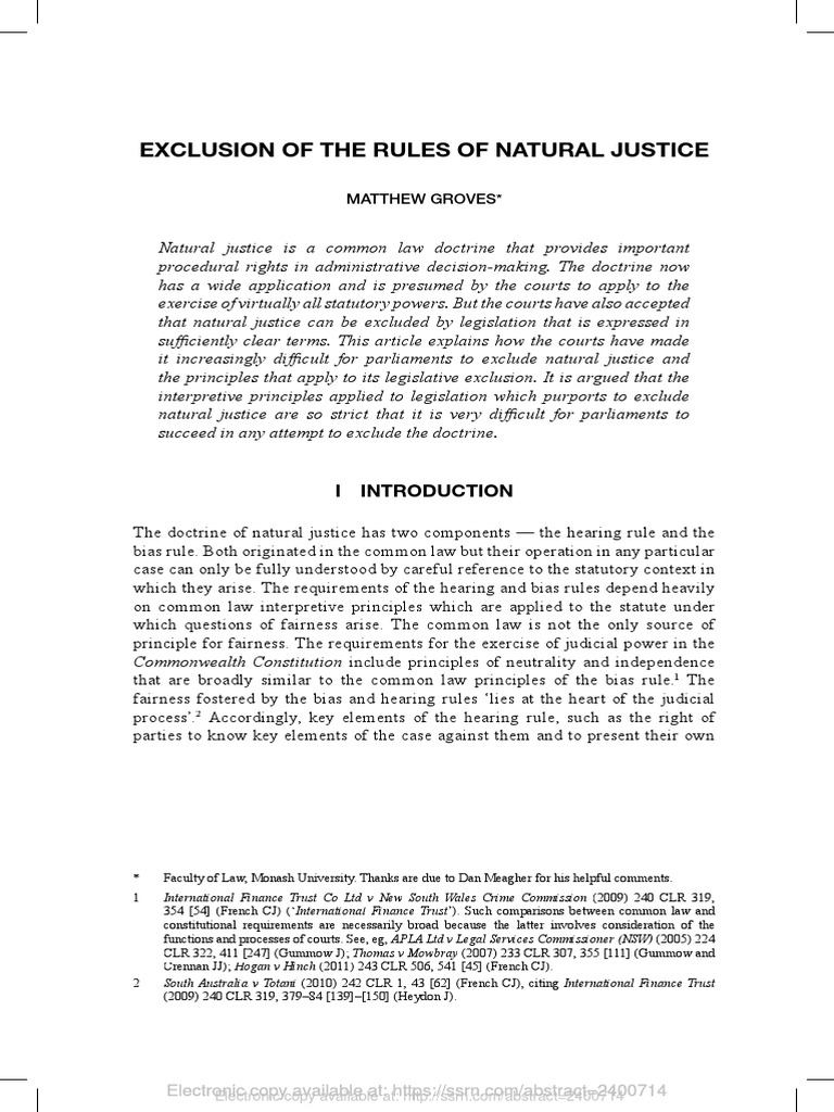 Exclusion of The Rules of Natural Justice PDF Common Law Judicial