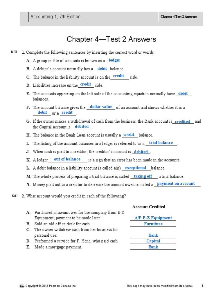 Accounting 11 - Ch. 4 - Test 2 Answers | PDF | Debits And Credits ...
