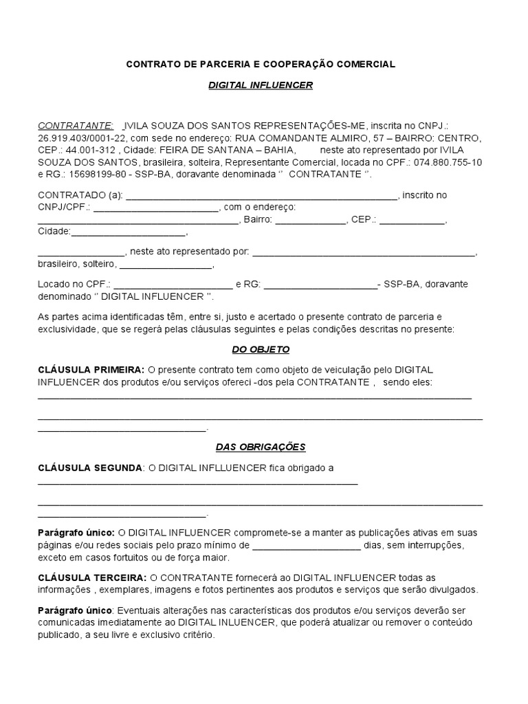 Contrato de Parceria com Influencer | PDF