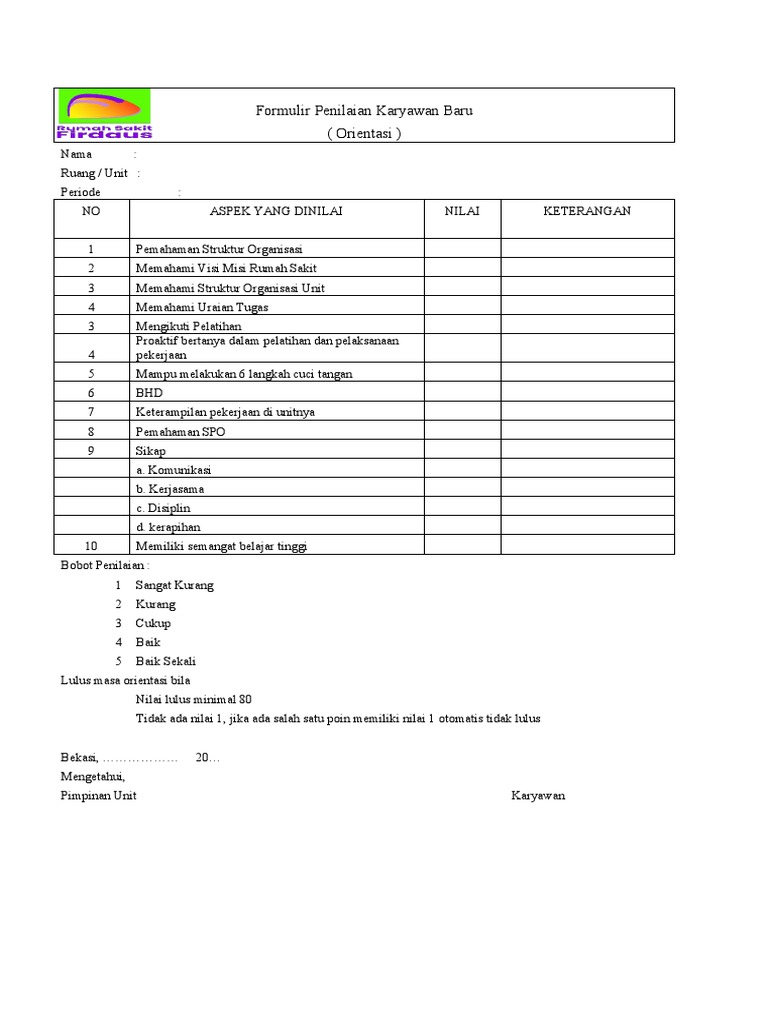 Formulir Penilaian Karyawan Baru untuk Orientasi | PDF