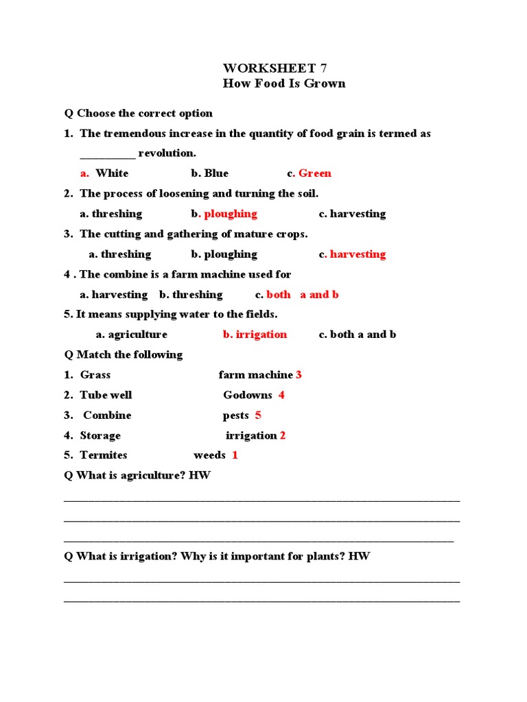 Worksheet 7 How Food Is Grown A. Green Ploughing Harvesting Both