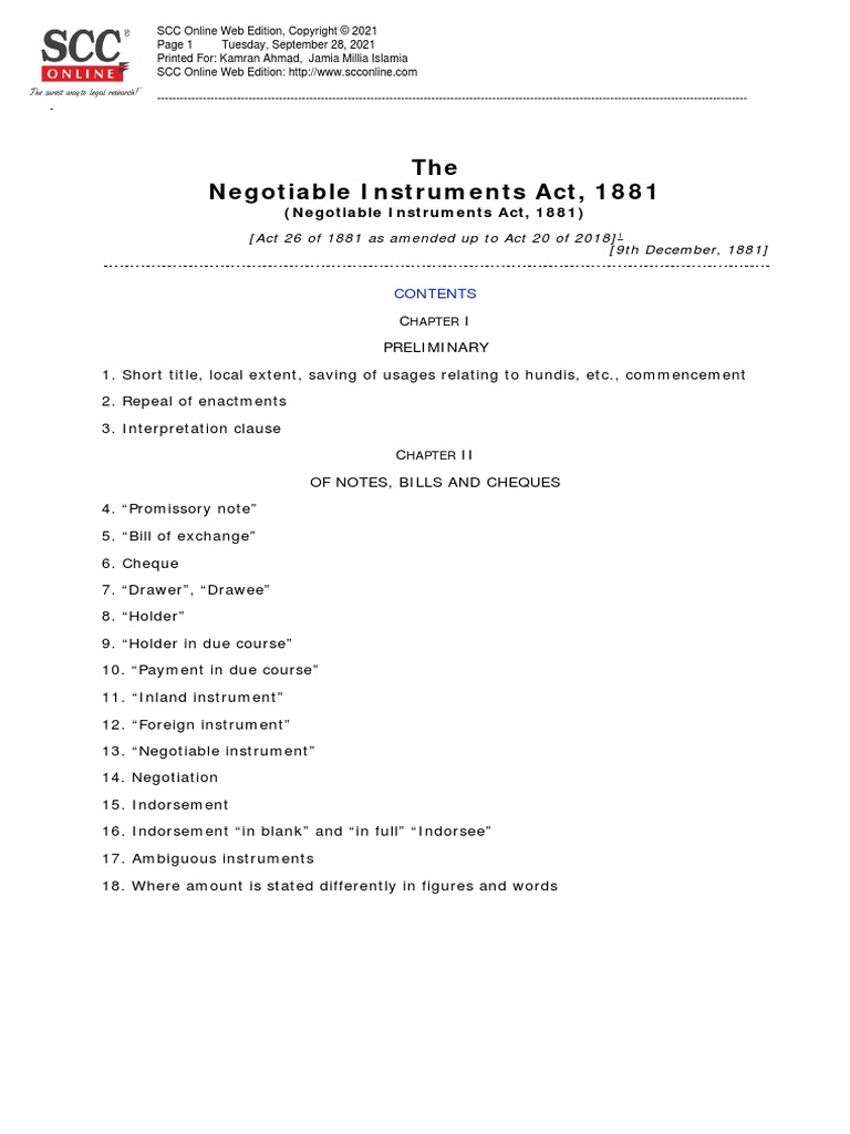 Negotiable Instruments Act 1881 | PDF | Finance & Money Management ...
