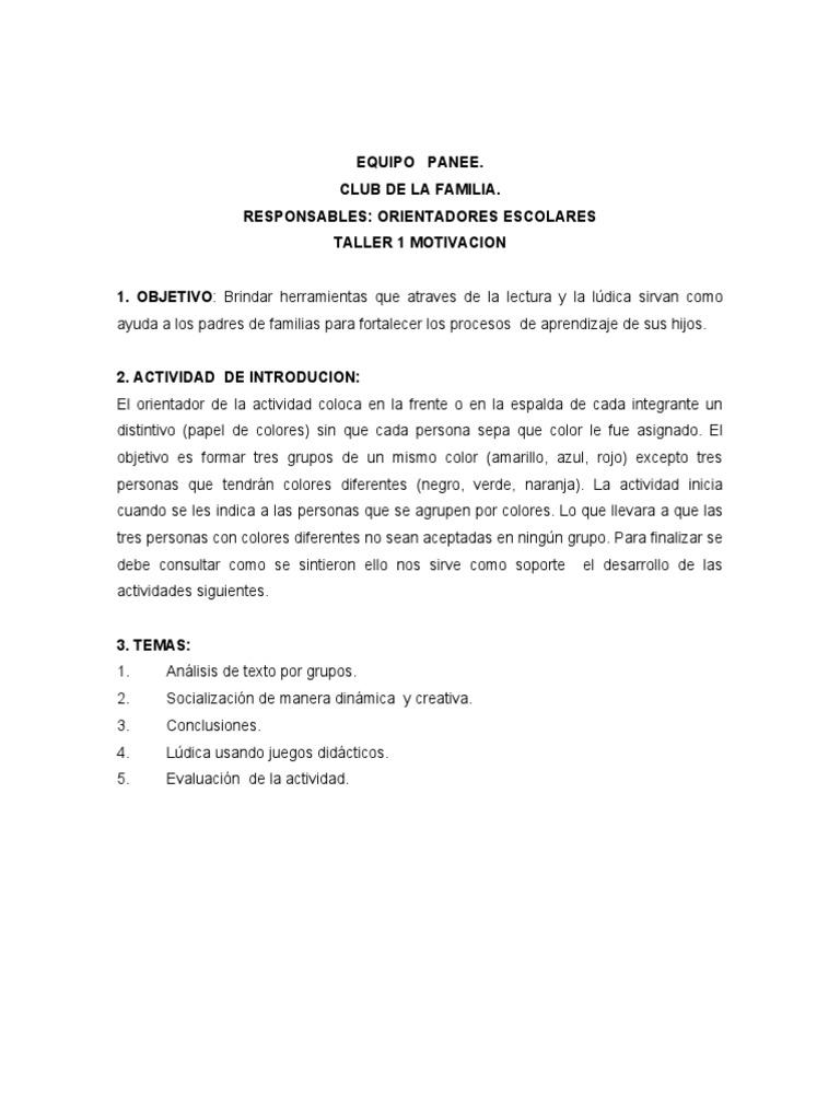 TALLER MOTIVACIONAL 1 Club De Padres PDF Agua Ox geno