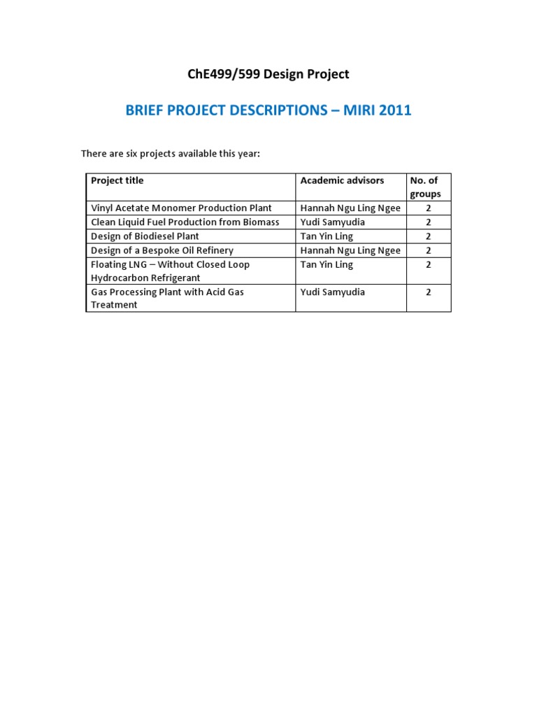 ChE499 Design Project - Brief Project Descriptions Miri 2011 | PDF ...