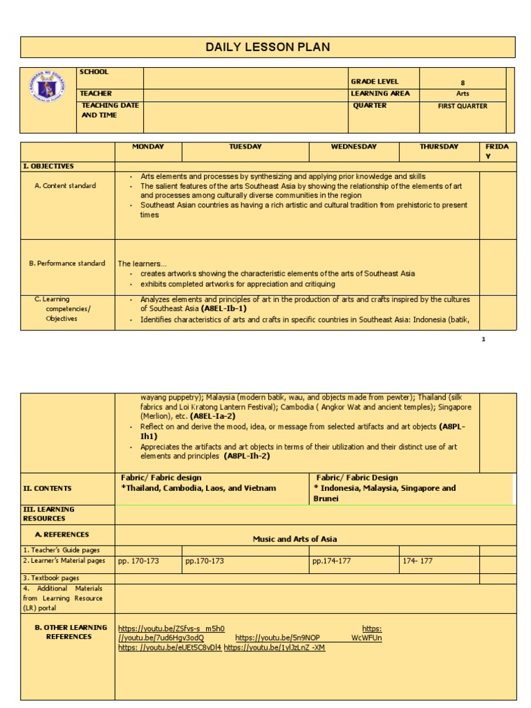 Q1 Grade 8 ARTS DLL Week 1 | PDF | Weaving | Textiles