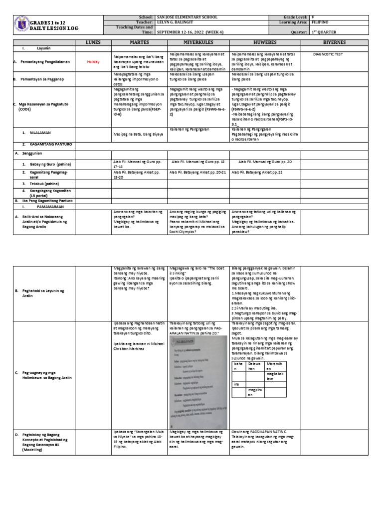 Grade 5 DLL FILIPINO 5 Q1 Week 4 | PDF