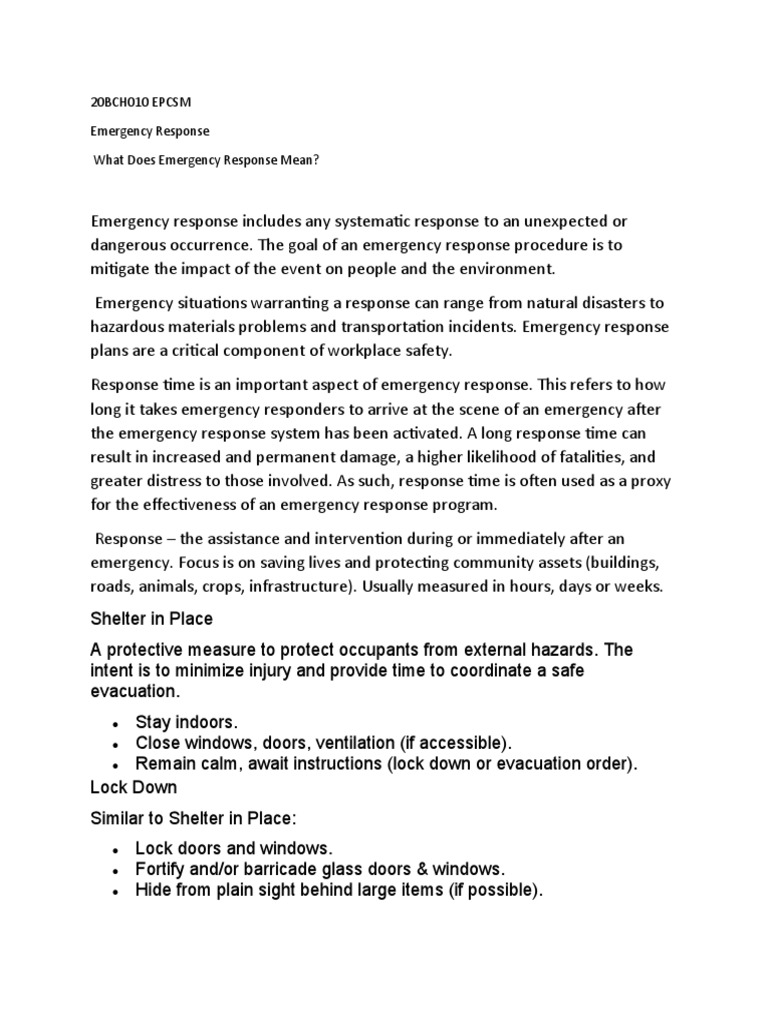20BCH010 EPCSM Emergency Response What Does Emergency Response Mean? PDF Emergency