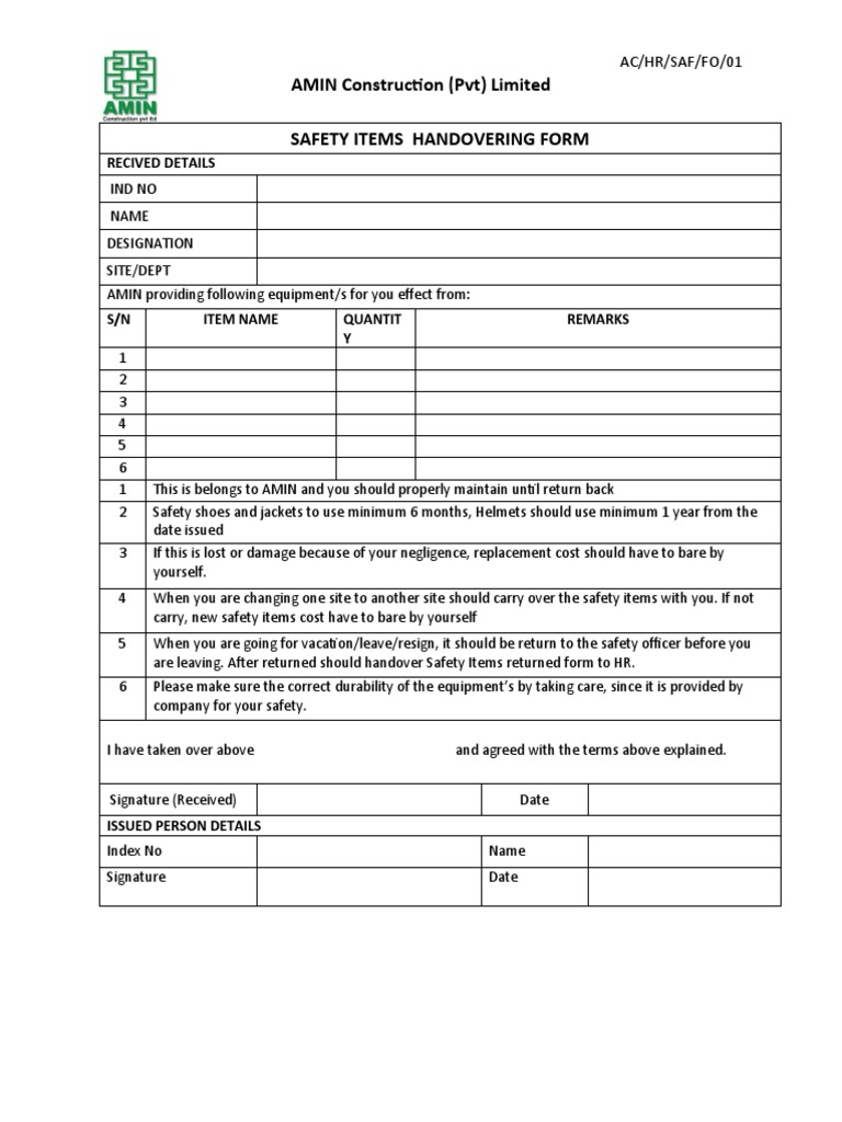 Safety Items Handover Form | PDF
