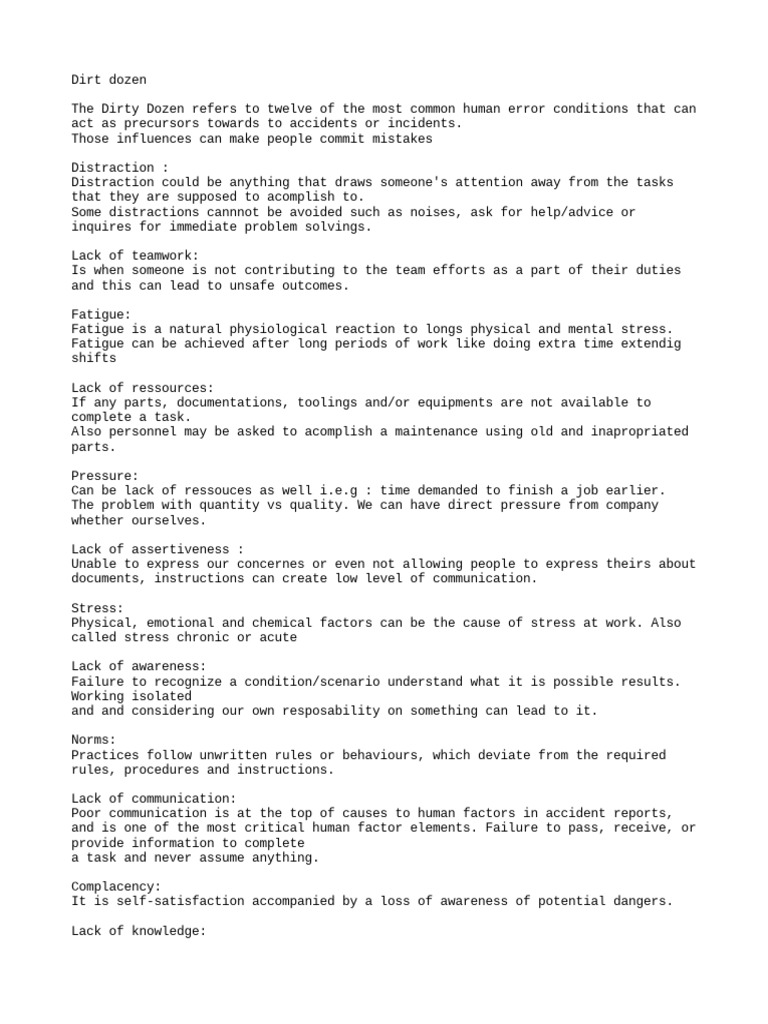 The dirty dozen an analysis of the top 12 human error conditions that
