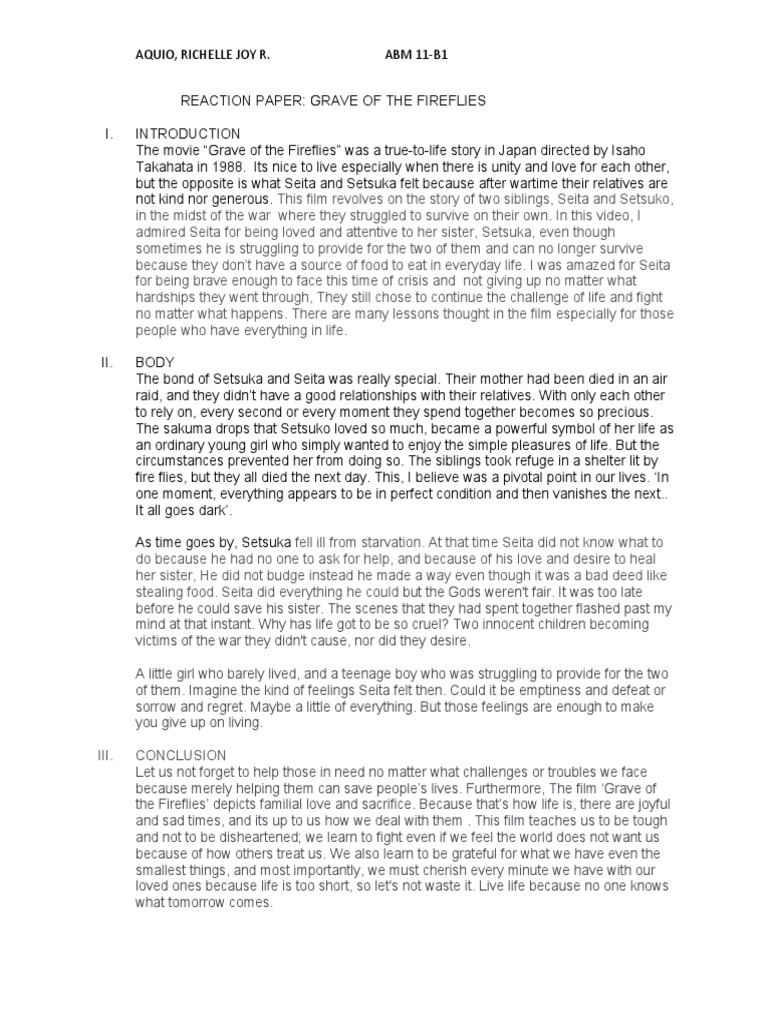Grave of The Fireflies (Reaction Paper) PDF