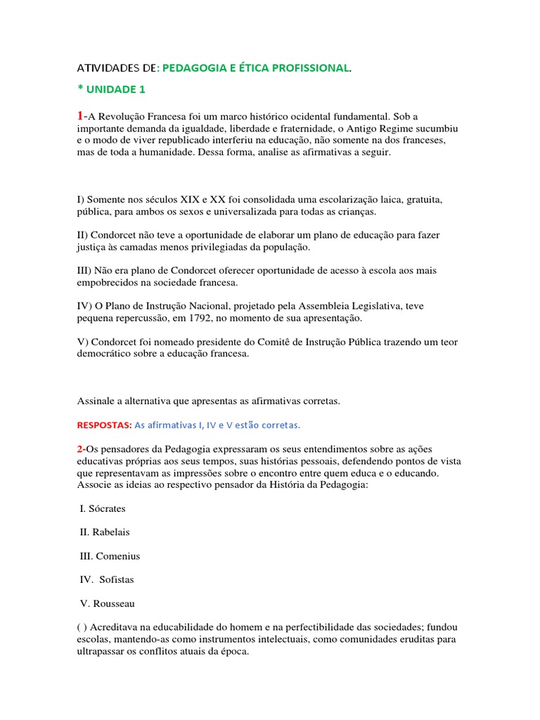 Atividades de Pedagogia e Ética Profissional | PDF | Pedagogia ...