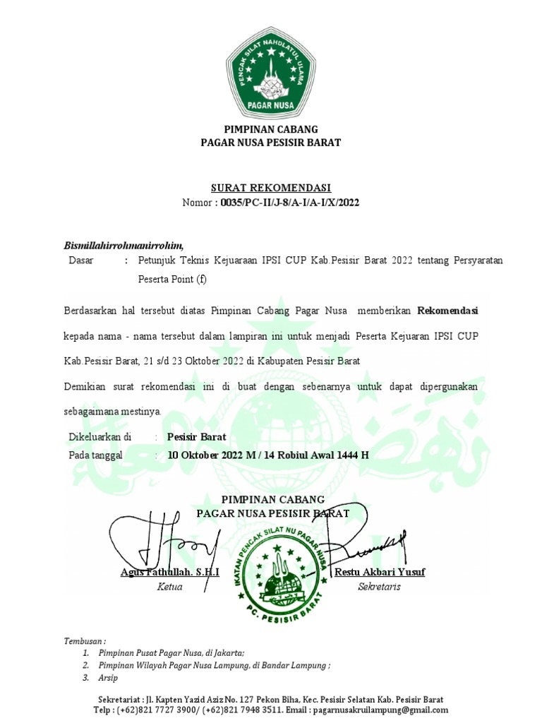 Surat Rekomendasi IPSI CUP | PDF