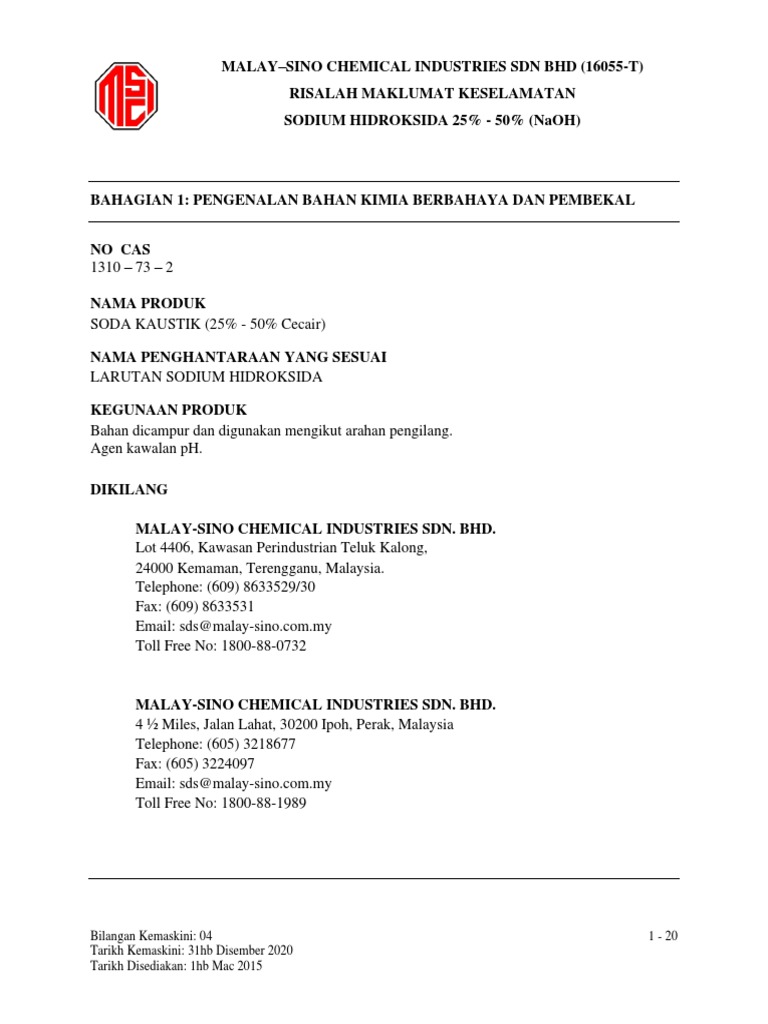 Sodium Hydroxide Safety Data Sheet | PDF | Technology & Engineering