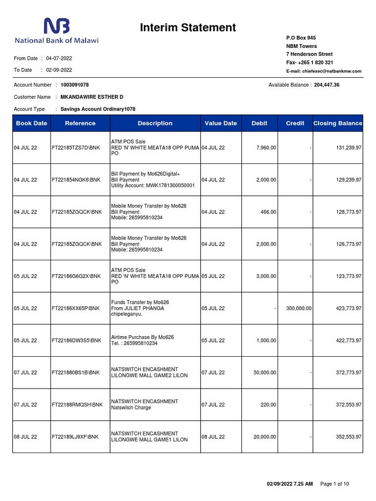 Interim statement book date debit credit reference description value