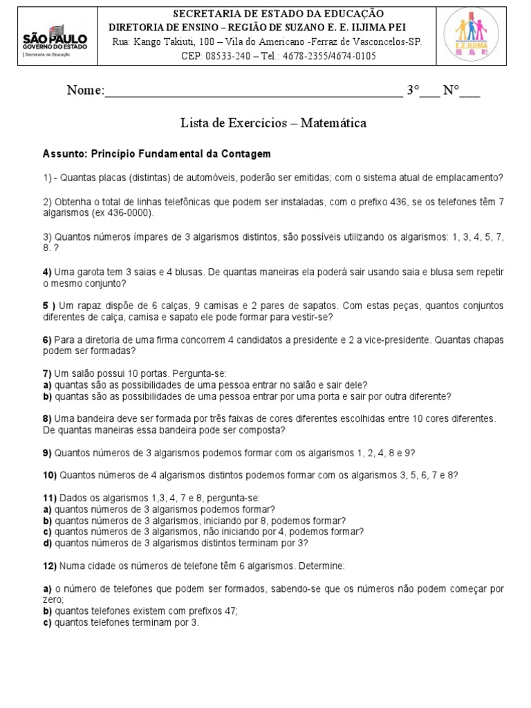 Exercícios sobre Princípio da Contagem | PDF