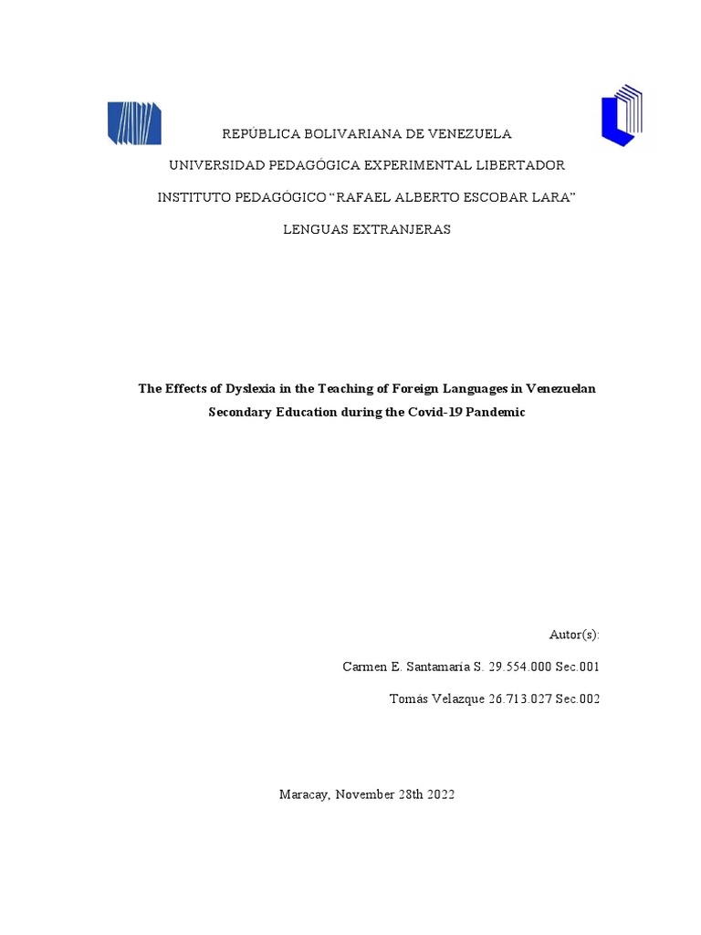 DRAFT The Effects of Dyslexia in The Teaching of Foreign Languages in