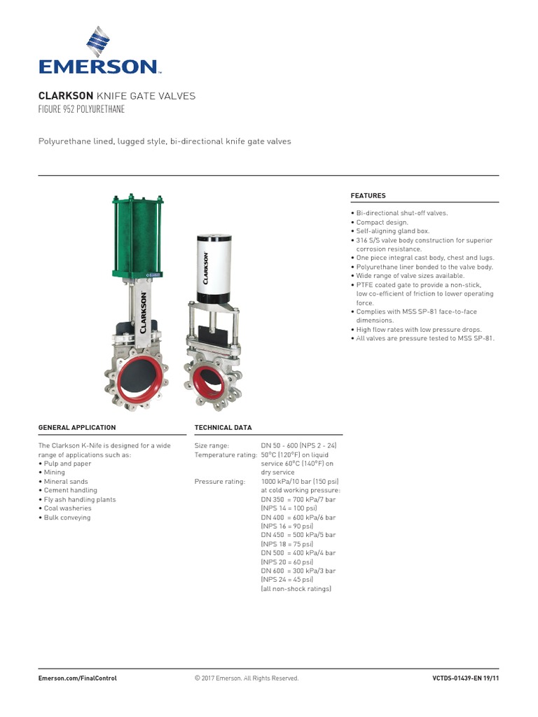 Data Sheets Knife Gate Valves Figure 952 Polyurethane, ClarksonEN PDF Valve Pressure