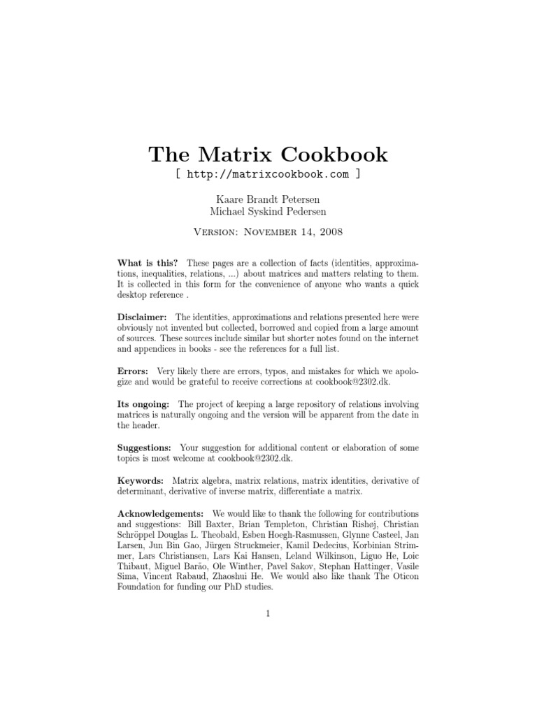 The Matrix Cookbook | PDF | Matrix (Mathematics) | Eigenvalues And ...