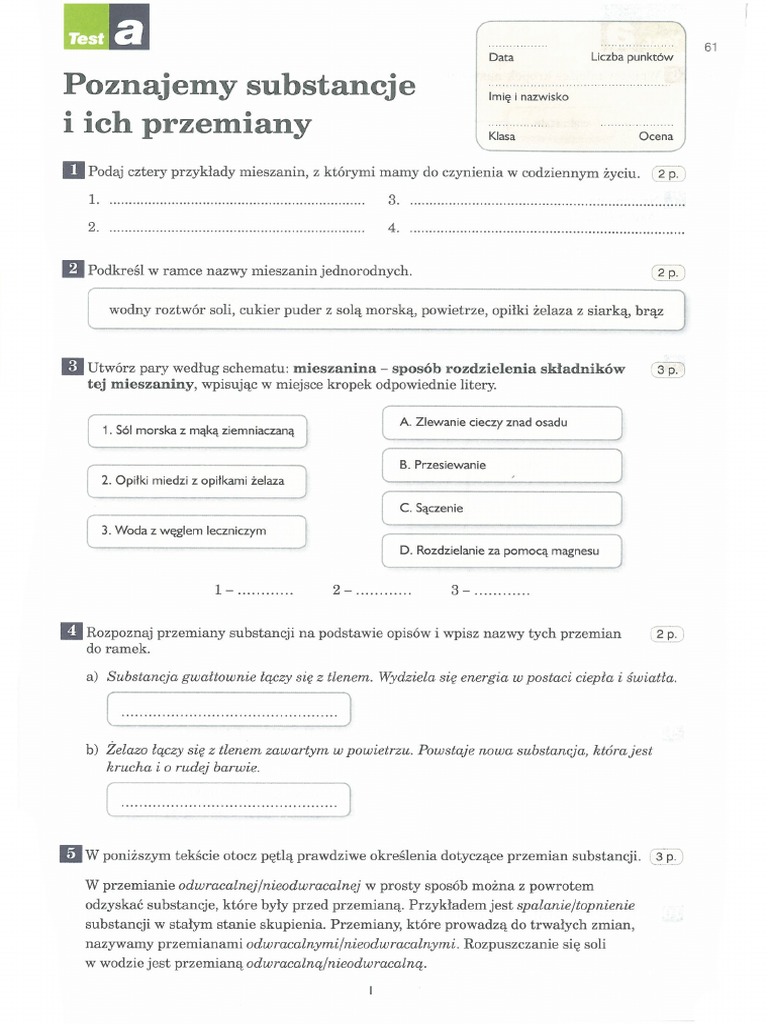 Sprawdzian Chemia Klasa 7 Substancje I Ich Przemiany Poznajemy Substancje I Ich Przemiany A B Karta Odpowiedzi | PDF