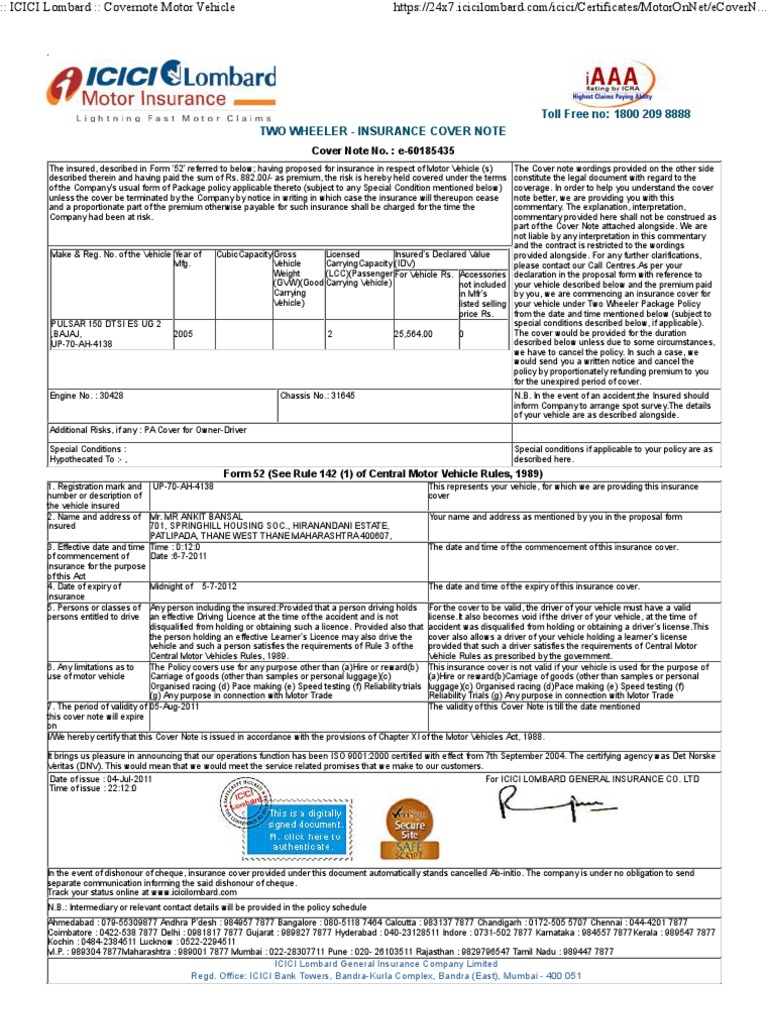 Icici Lombard Two Wheeler Insurance For New Vehicle Two Wheeler