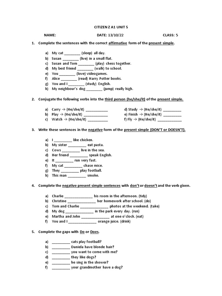Examen Citizen Z A1 Unit 5 | PDF | Language Mechanics | Linguistic Typology