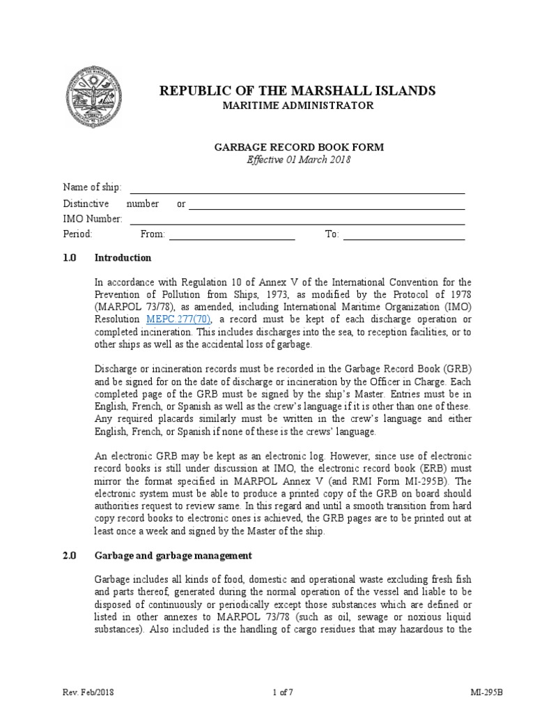MI 295B Garbage Record Book PDF Municipal Solid Waste Waste