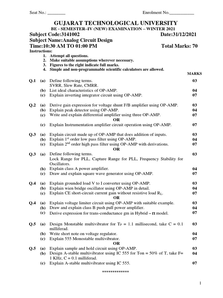 Gujarat Technological University PDF Operational Amplifier Amplifier