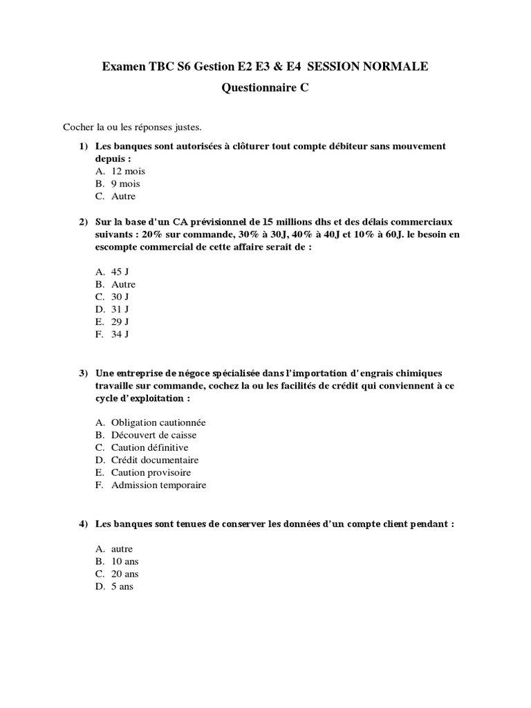 Examen TBC S6 Gestion E2 E3 E4 | PDF