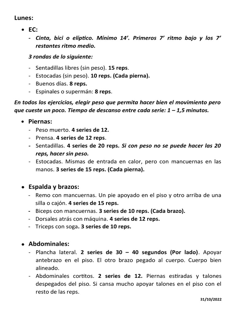 Rutina de Ejercicios Semanal en el Gym | PDF | Entrenamiento con pesas ...