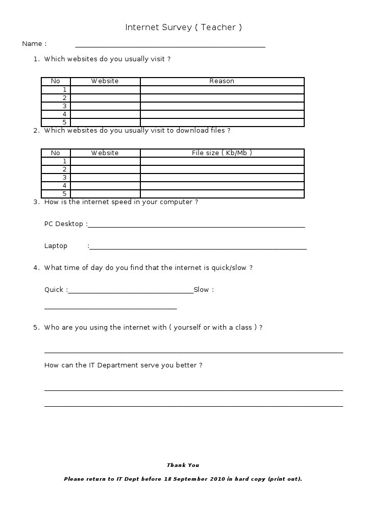 Teacher Internet Usage Survey Form | PDF