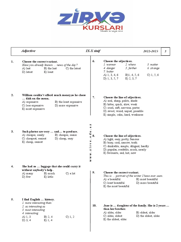 Adjective Usage Practice Test | PDF | Syntax | Linguistic Typology