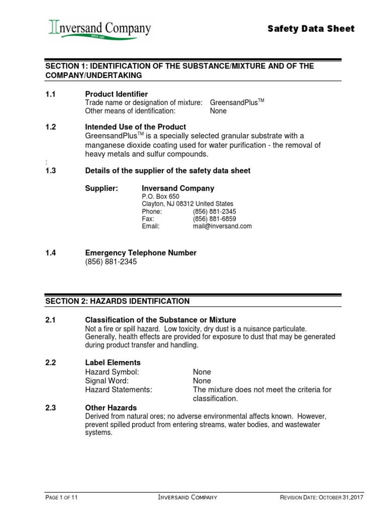 Safety First Proper Handling of GreensandPlus PDF Silicon Dioxide